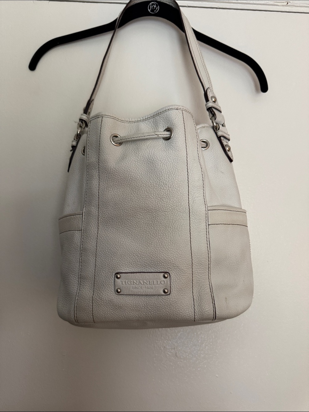 Tignanello White Pebbled Leather Drawstring Hobo
